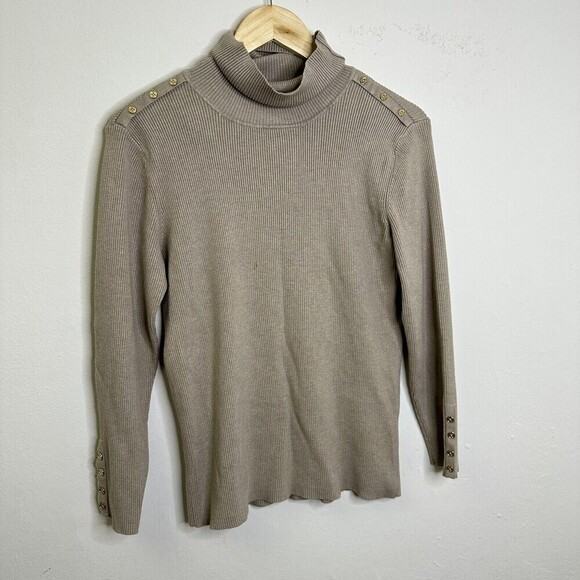 Calvin Klein turtleneck sweater with gold buttons beige tan khaki ribbed Size L - Picture 3 of 9